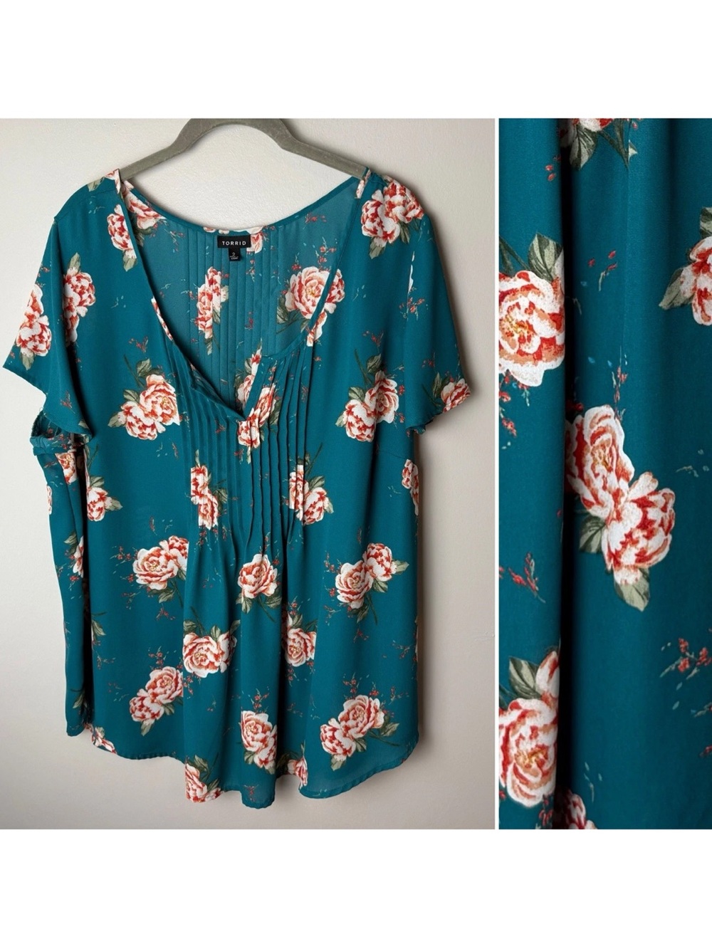 Torrid Blouse Plus Size 2 2X Top Short Sleeves Floral Pleated Teal Coral Green